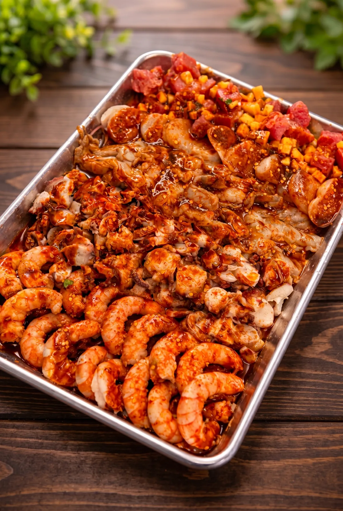 Botana de Modelo con camarón y garbanzos enchilados